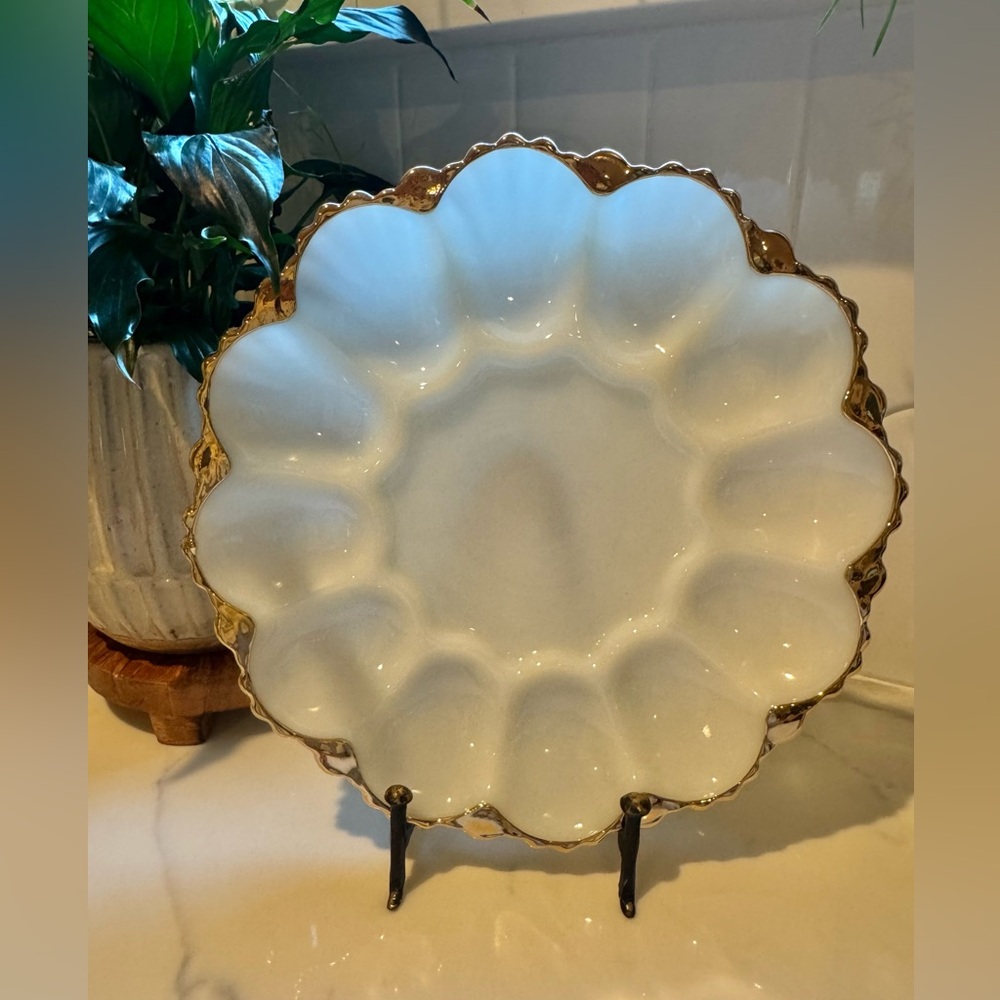 Vintage and Rare Anchor Hocking Milk Glass Fire King 22karat Deviled Egg Plate